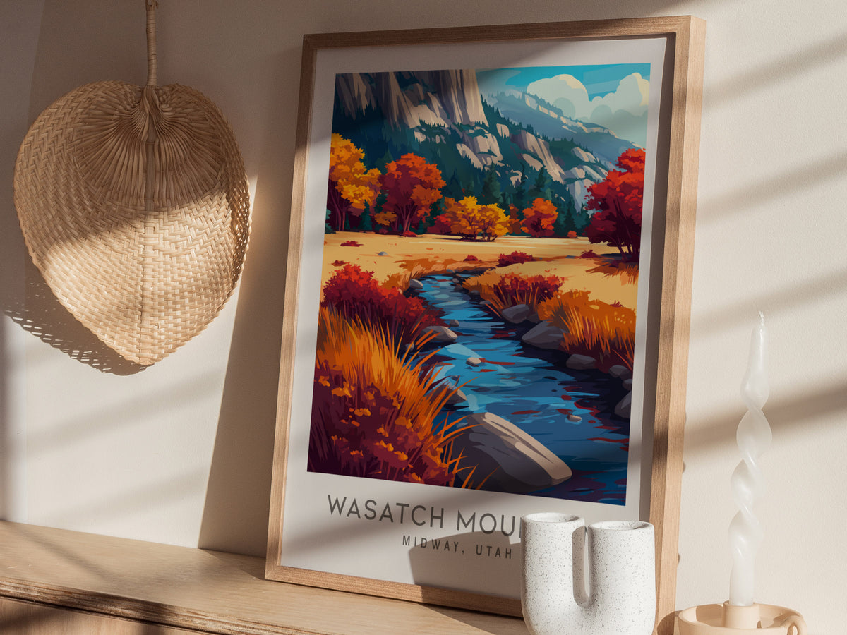 Wasatch Mountain Matte Border Poster | Midway, Utah Travel Wall Art — styled in a modern interior