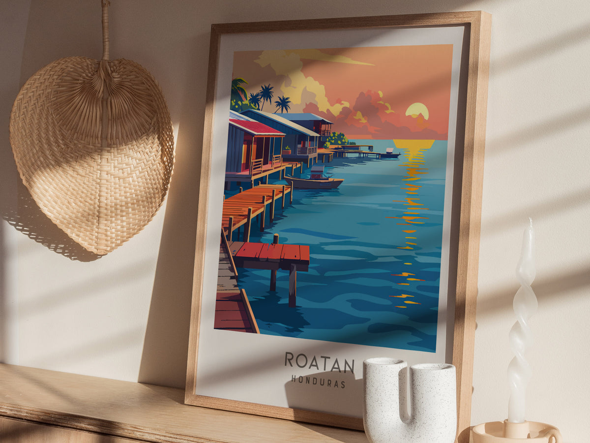 Roatan Matte Border Poster | Honduras Tropical Beach Print Travel Wall Art — styled in a modern interior