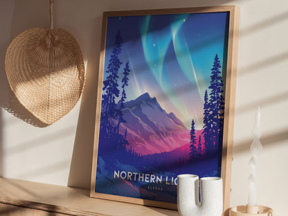 A framed poster of the Northern Lights in Alaska, featuring vibrant auroras over a mountain landscape, is displayed on a shelf with a woven basket and decorative candle.