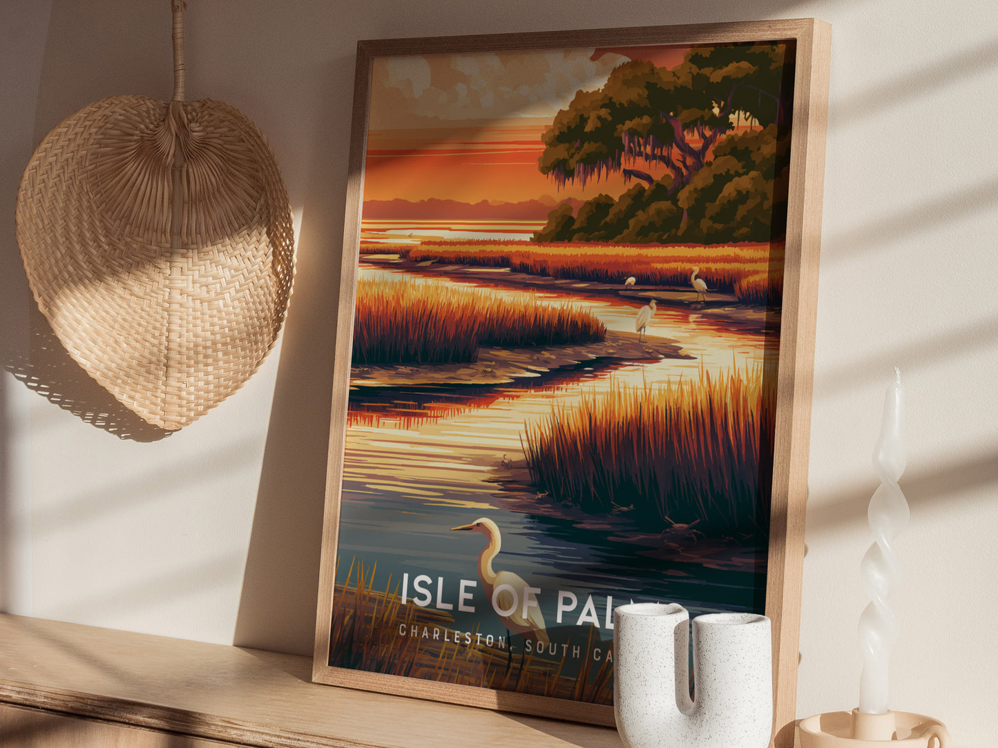 Isle of Palms, South Carolina Poster | Golden Beach & Palm Tree Wall Art — styled in a modern interior