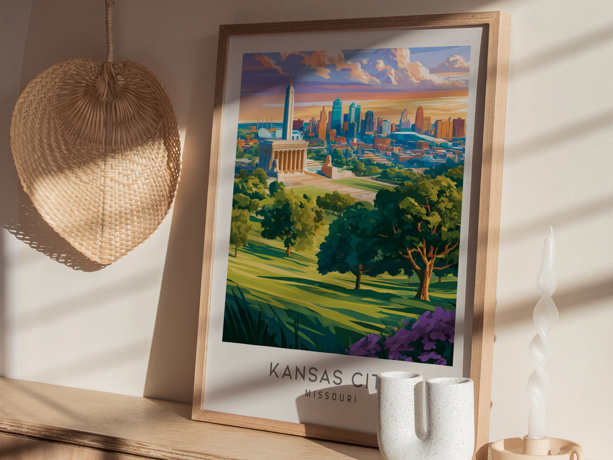 Kansas City Matte Border Poster | Missouri Travel Wall Art — styled in a modern interior
