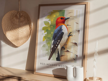 Red-headed Woodpecker, Melanerpes erythrocephalus Poster | Bold Bird Wall Art Nature Print — styled in a modern interior