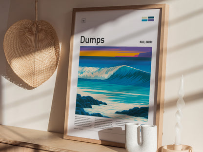 Dumps, Hawaii Poster | Tropical Reef Break Surf Wall Art — styled in a modern interior