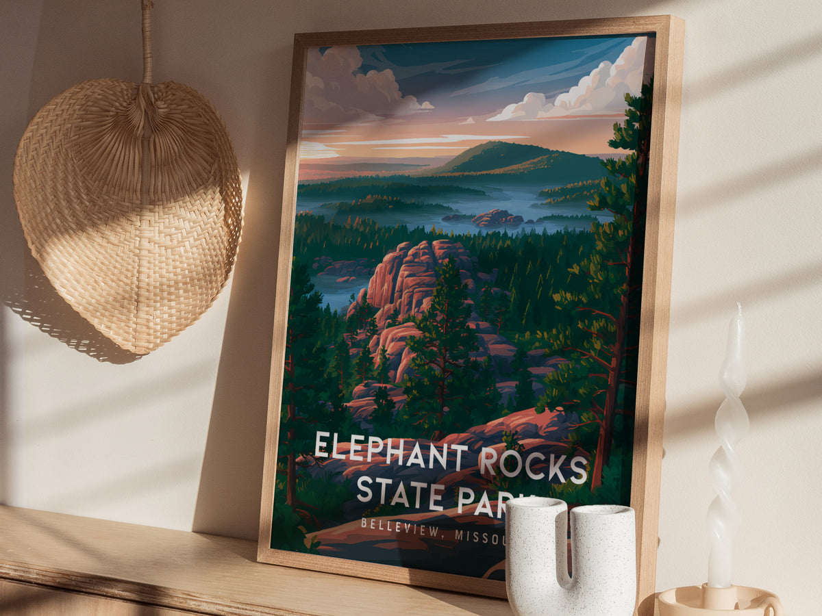 Elephant Rocks State Park, Belleview, Missouri Poster | Ancient Granite Boulders Travel Wall Art — styled in a modern interio