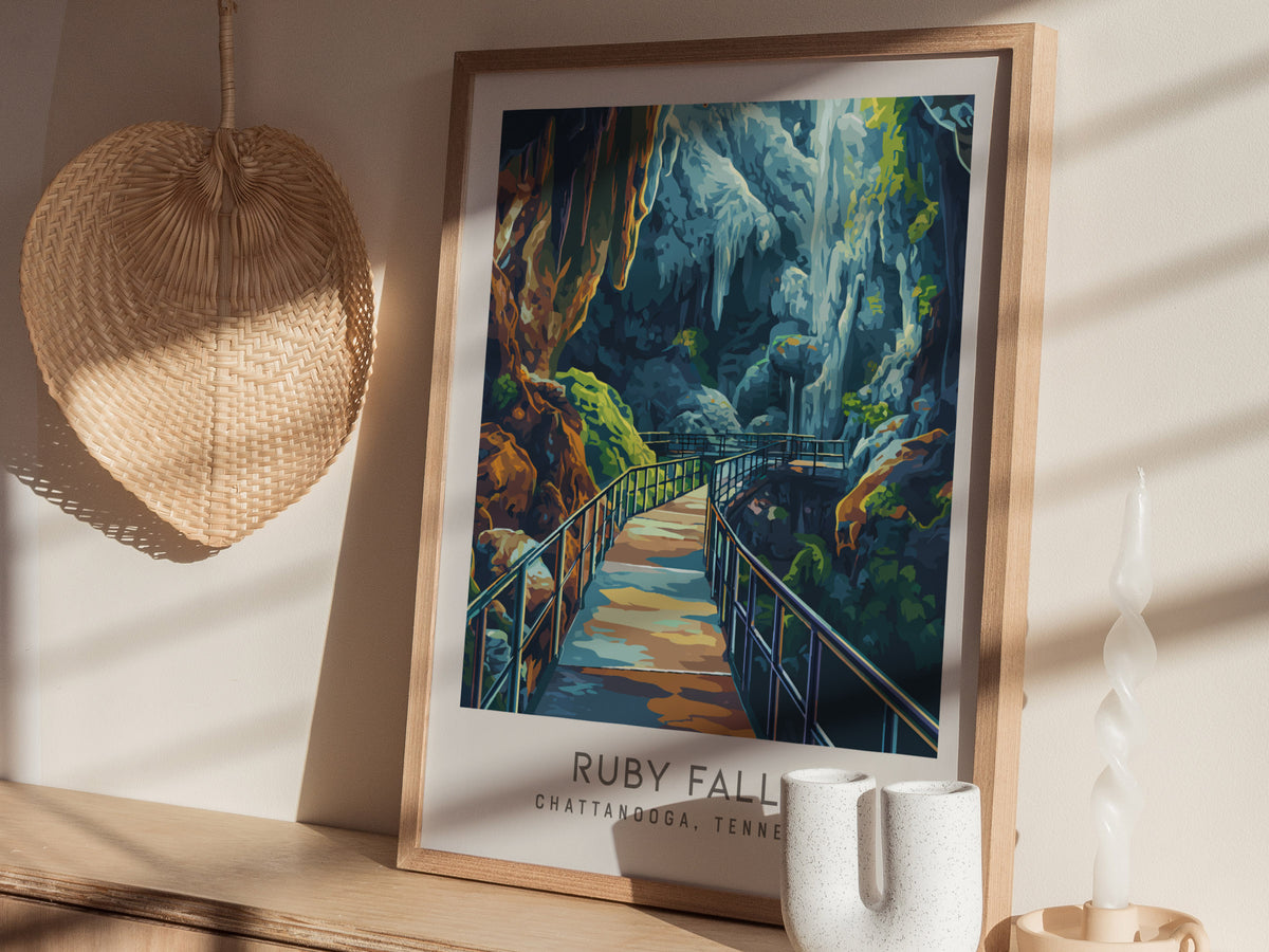 Ruby Falls Matte Border Poster | Chattanooga, Tennessee Destination Print — styled in a modern interior