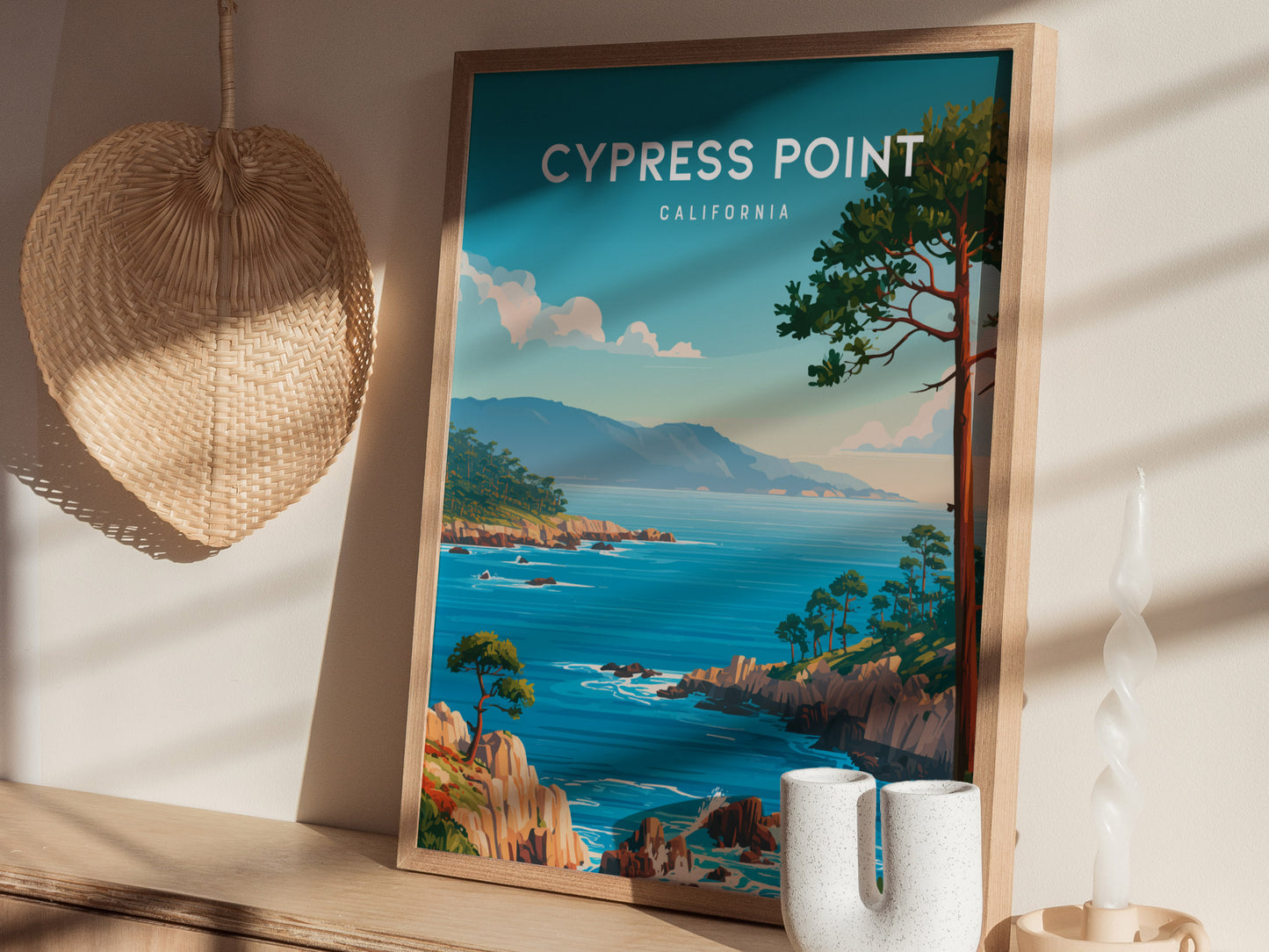 Cypress Point, California Poster | Coastal Beach Decor Travel Gift Wall Art — styled in a modern interior