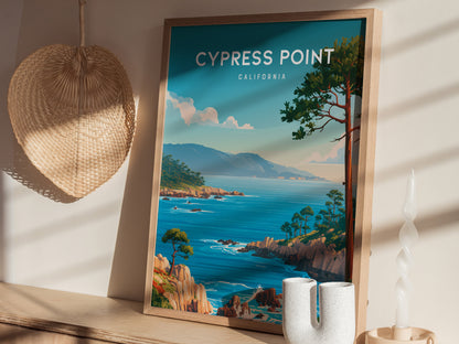 Cypress Point, California Poster | Coastal Beach Decor Travel Gift Wall Art — styled in a modern interior