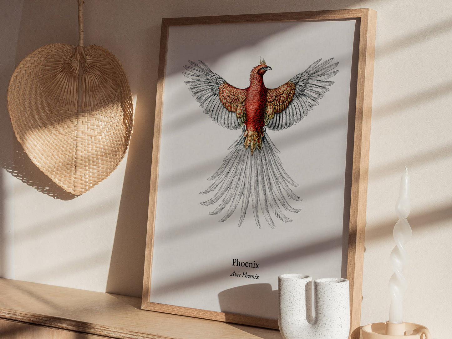 Phoenix Poster | Vintage Avis Phoenix Zoological Illustration Wall Art — styled in a modern interior