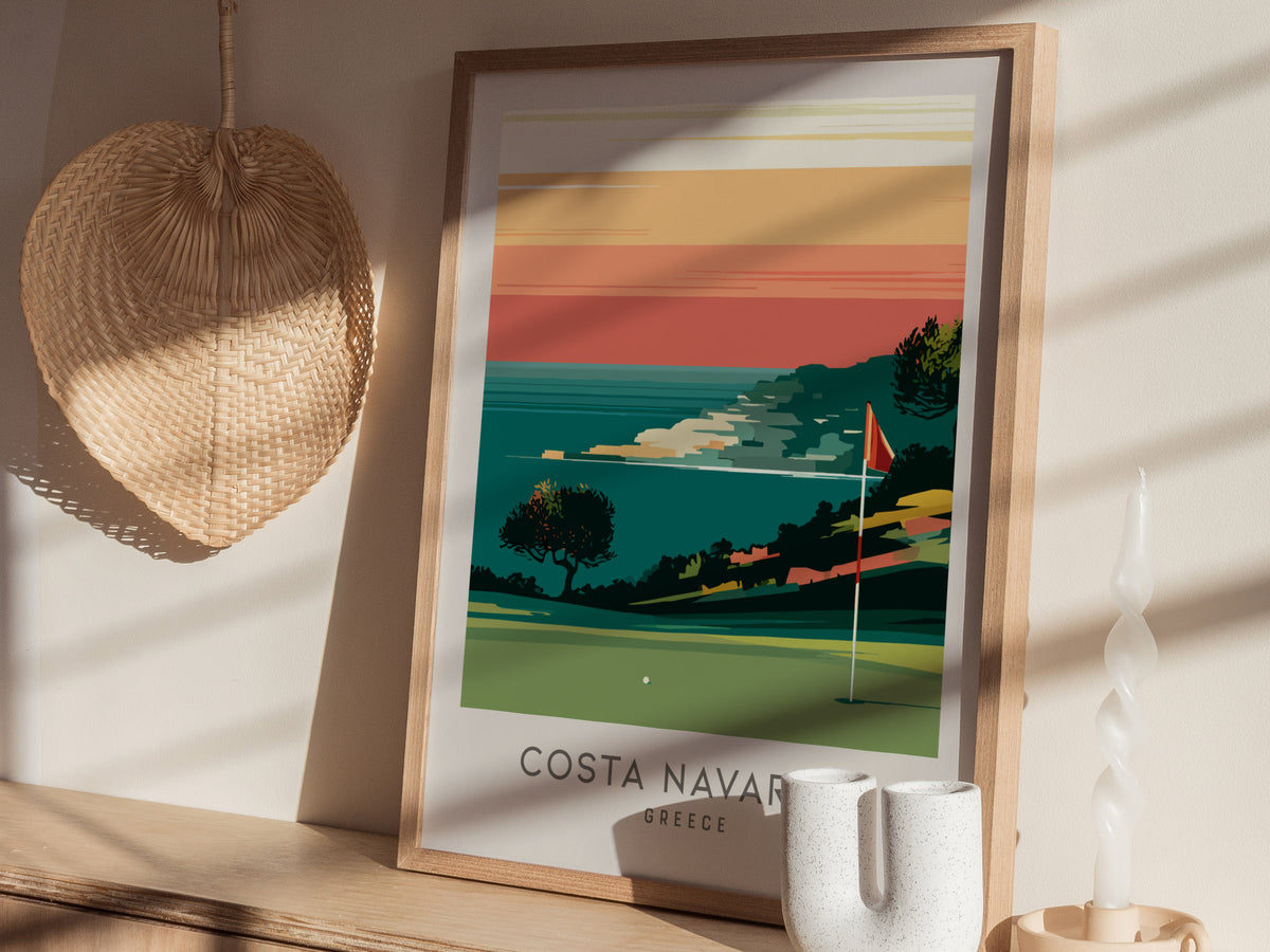 Costa Navarino Matte Border Poster | Greece Golf Course Print & Country Club Decor — styled in a modern interior