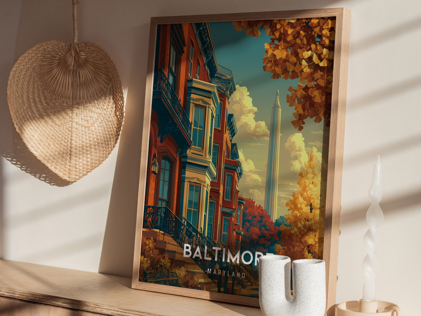 Baltimore, Maryland Poster | Harbor Skyline & Charm City Wall Art — styled in a modern interior
