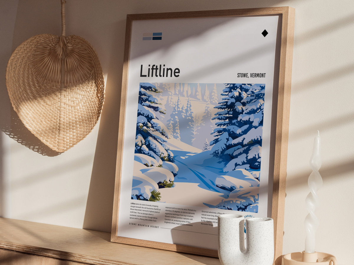 Liftline, Stowe, Vermont Poster | Alpine Print Ski Lodge Decor Wall Art — styled in a modern interior
