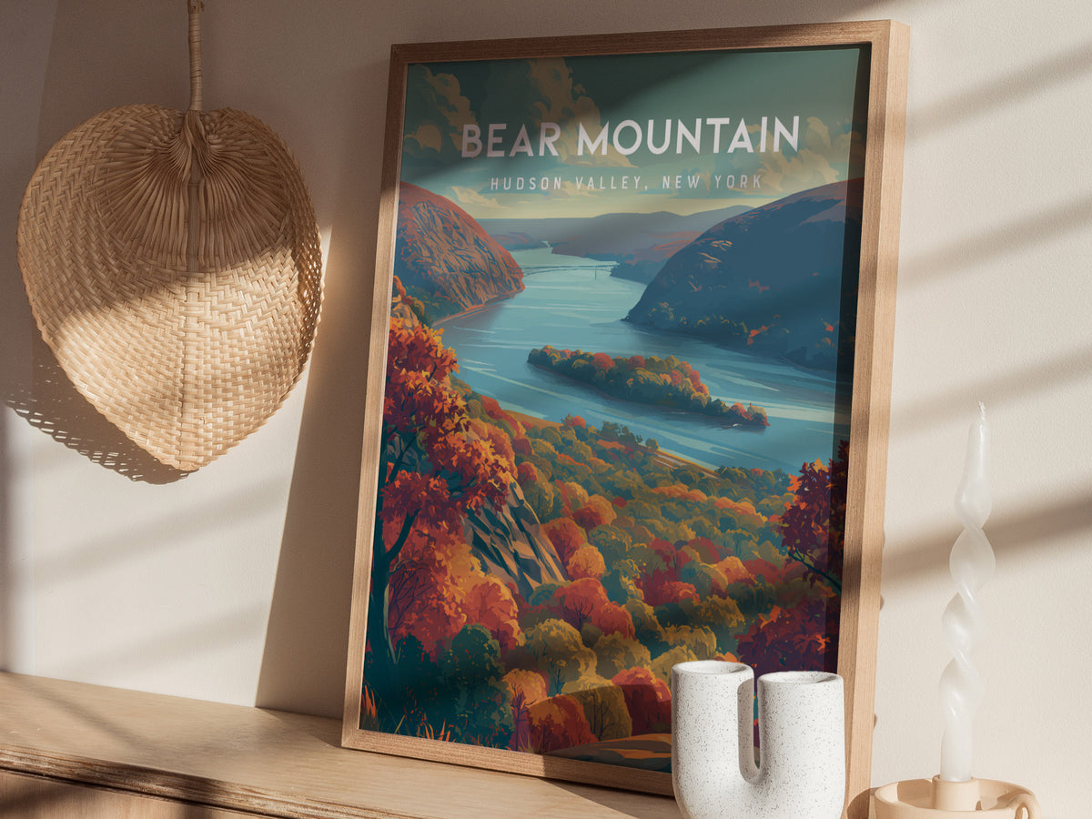Bear Mountain, Hudson Valley, New York Poster | Scenic Hiking Trail Travel Wall Art — styled in a modern interior