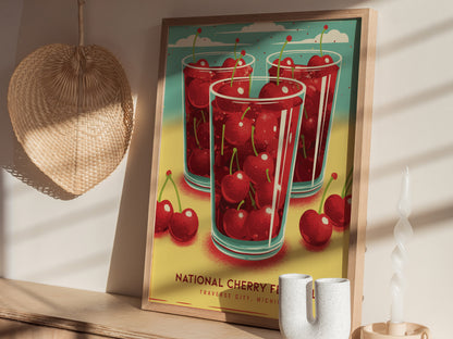A colorful poster featuring three glasses filled with bright red cherries is displayed on a wooden shelf, alongside a woven basket and a decorative candle.