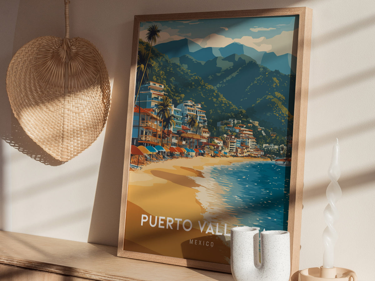Puerto Vallarta, Mexico Poster | Tropical Beach Print Coastal Wall Art — styled in a modern interior