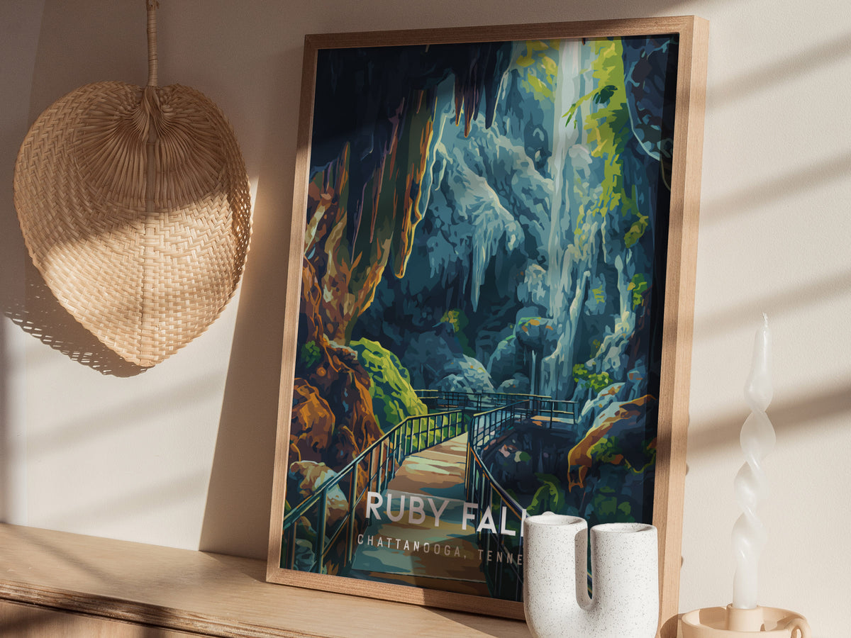 Ruby Falls, Chattanooga, Tennessee Poster | Underground Waterfall Travel Wall Art — styled in a modern interior