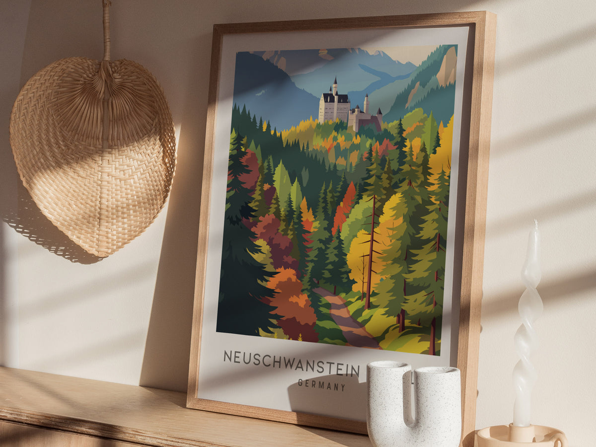 Neuschwanstein Castle Matte Border Poster | Germany Destination Print Travel Wall Art — styled in a modern interior