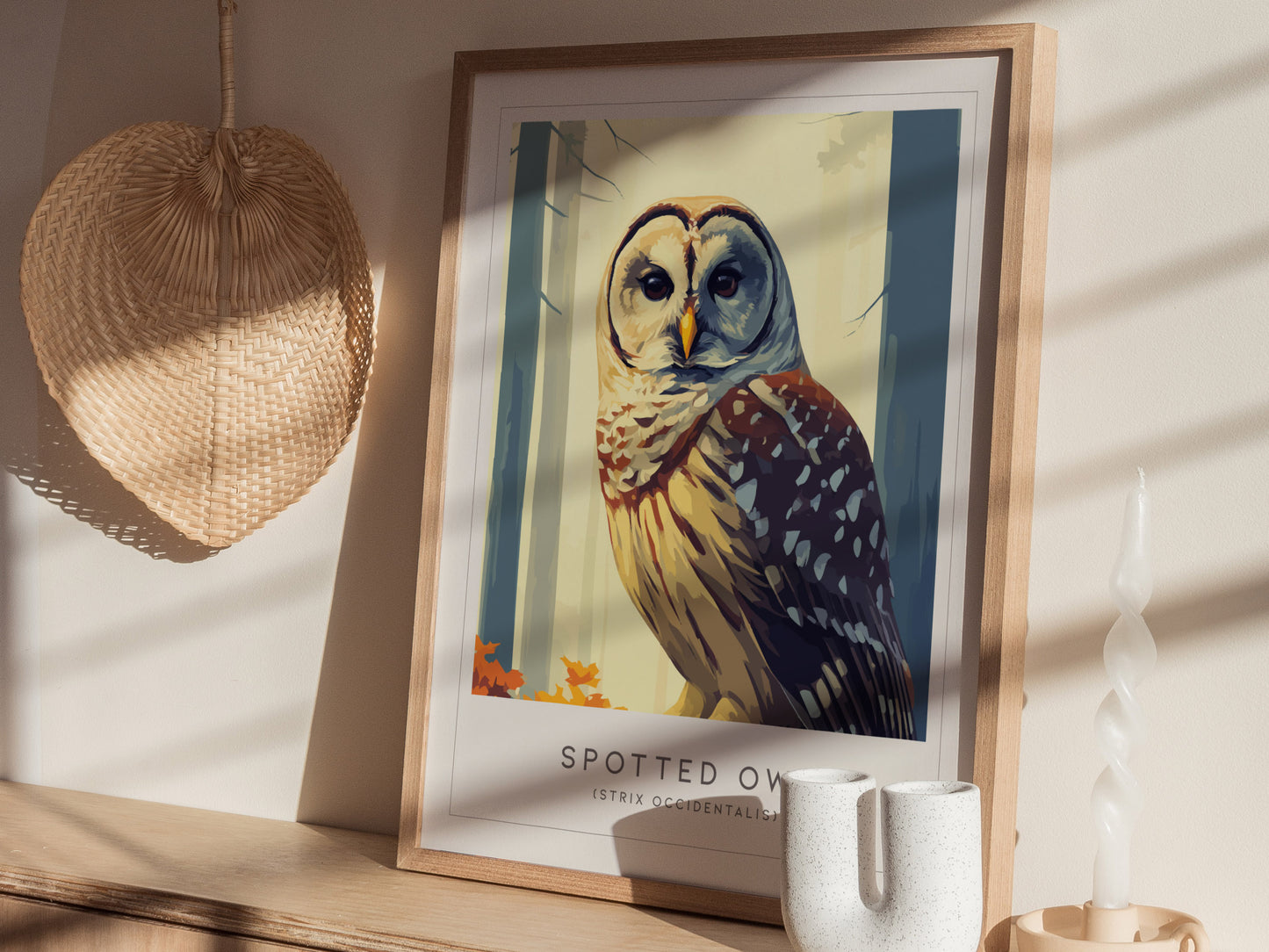 Spotted Owl Poster | Mysterious Forest Raptor Fine Wall Art — styled in a modern interior