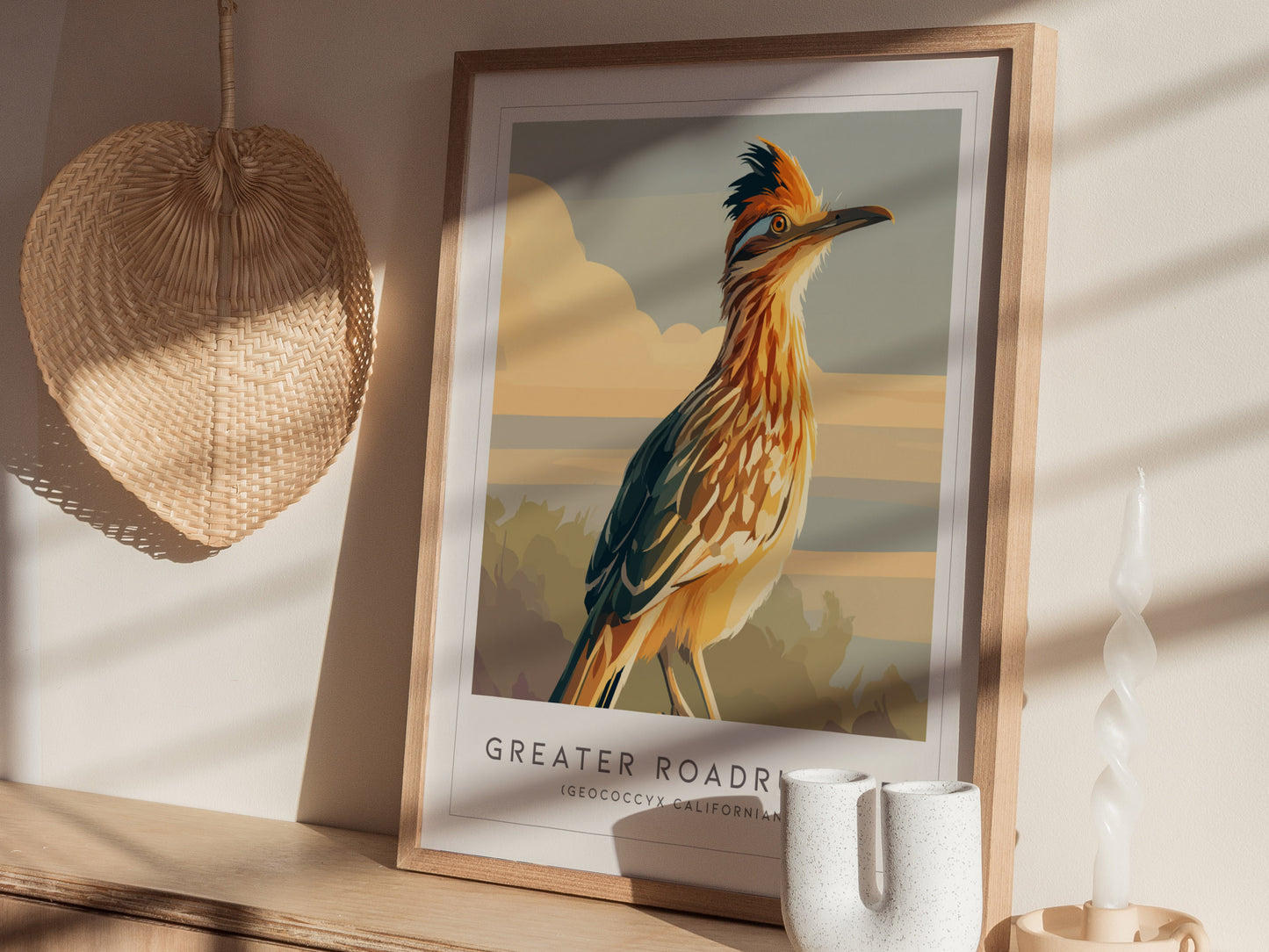 Greater Roadrunner Poster | Desert Bird & Cactus Southwest Wall Art — styled in a modern interior