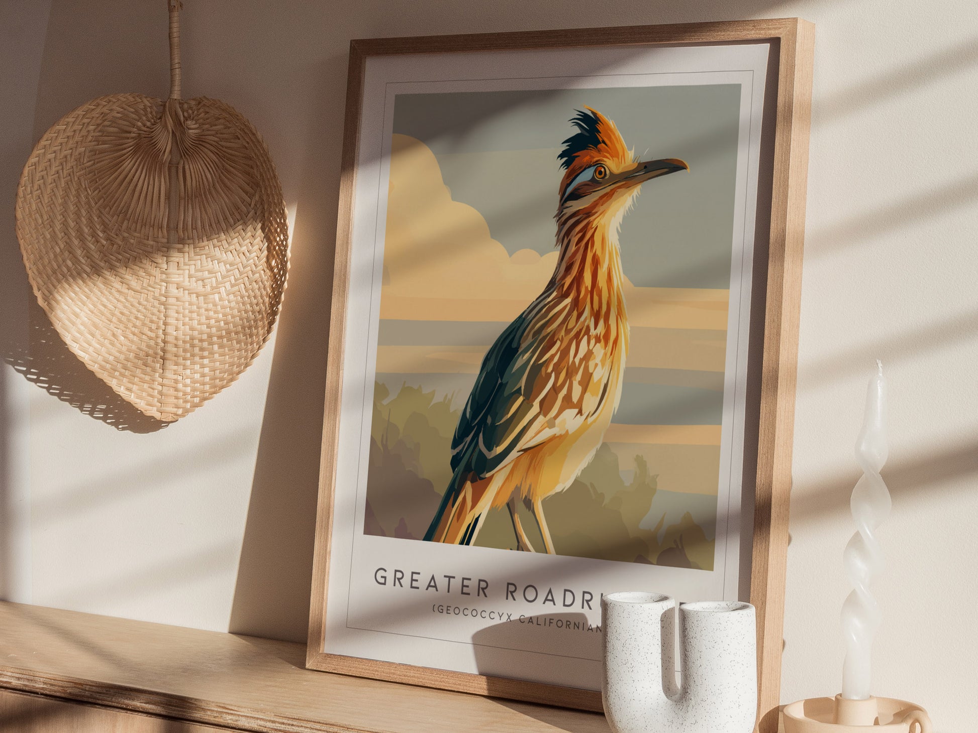 Greater Roadrunner Poster | Desert Bird & Cactus Southwest Wall Art — styled in a modern interior