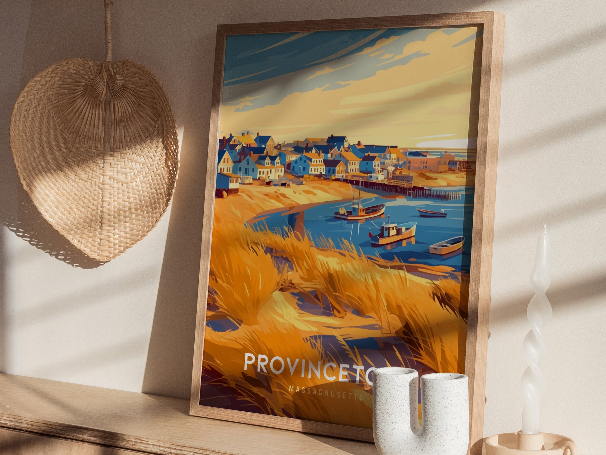 A vibrant travel print featuring a colorful harbor scene of Provincetown, Massachusetts, with charming houses, boats in the water, and golden sand dunes. The artwork is framed and displayed on a wall.