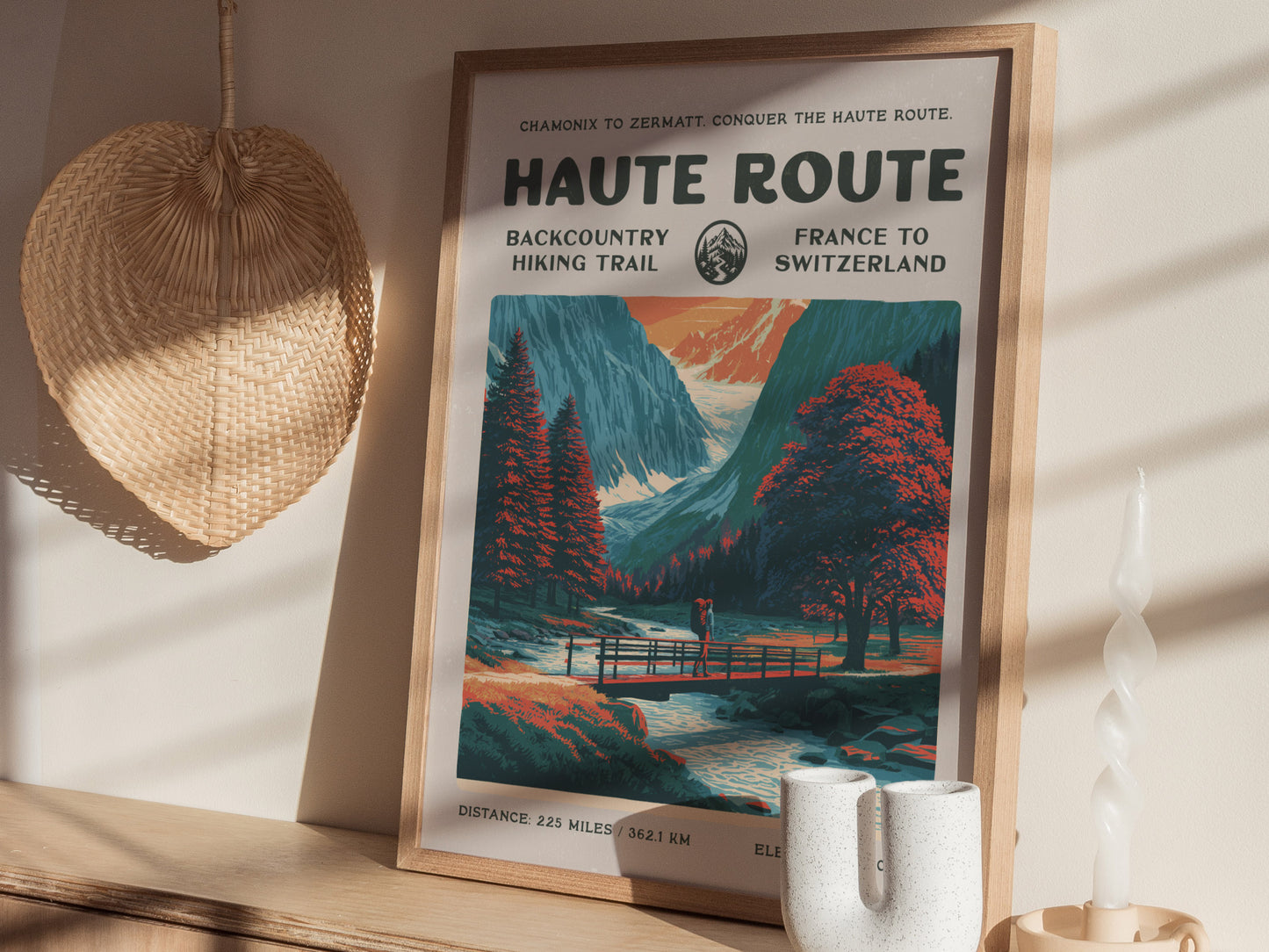 Haute Route, France to Switzerland Poster | Hiker Gift | Alpine Backcountry Trail Wall Art — styled in a modern interior