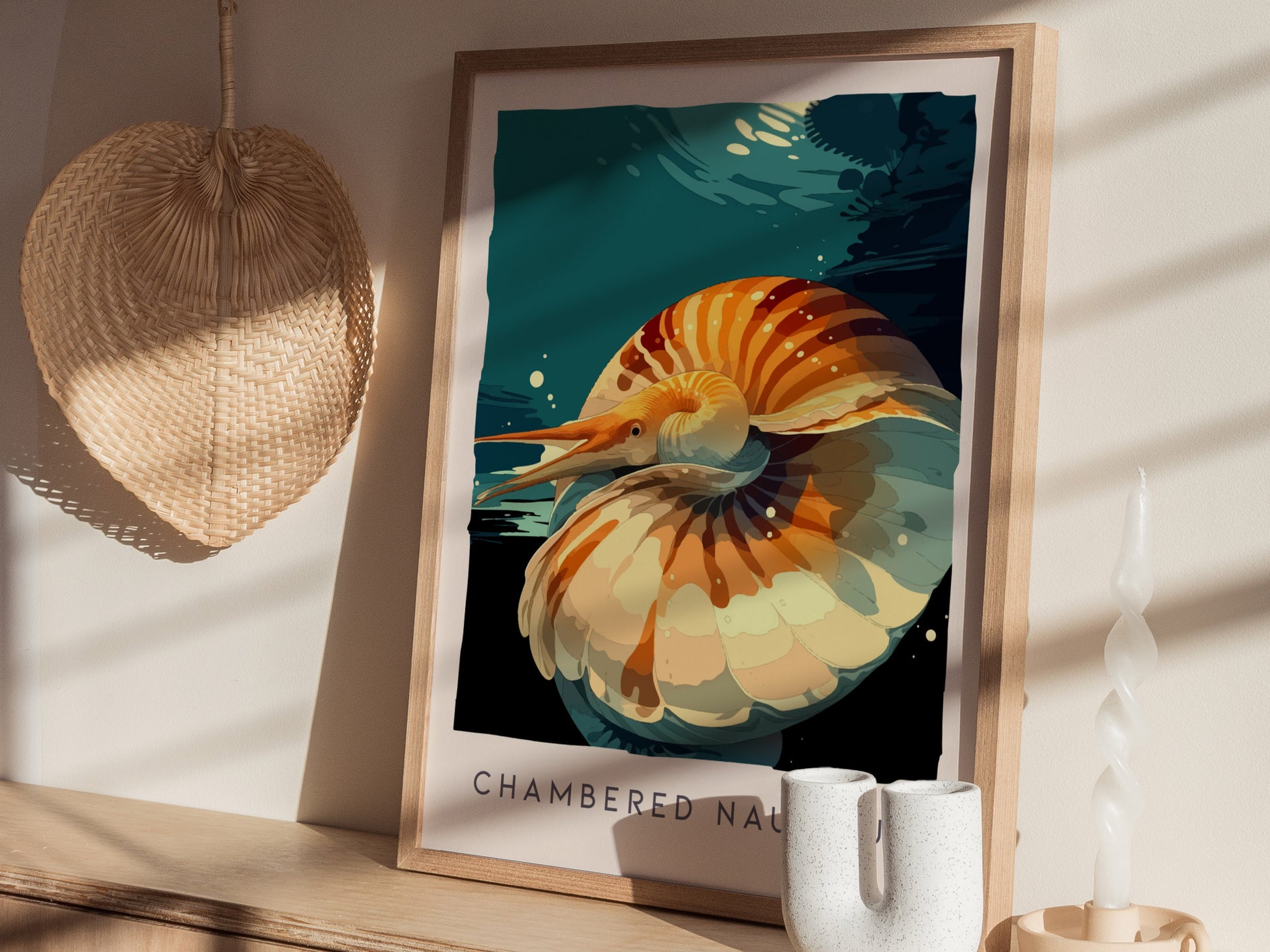 Chambered Nautilus Poster | Golden Spiral Shell Wildlife Wall Art — styled in a modern interior