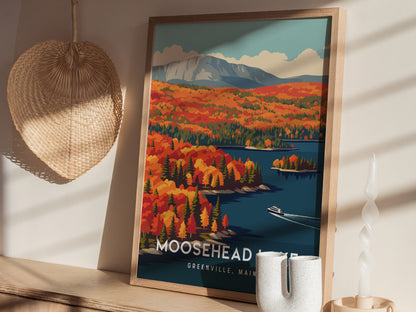 Moosehead Lake, Greenville, Maine Poster | Lakeside Wilderness Retreat Framed or Unframed Wall Art — styled in a modern inter