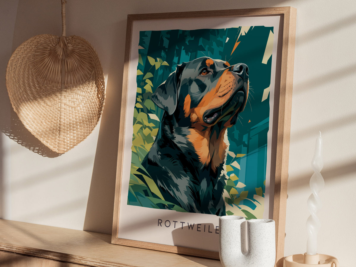 Rottweiler Poster | Loyal Guardian Wildlife Wall Art — styled in a modern interior