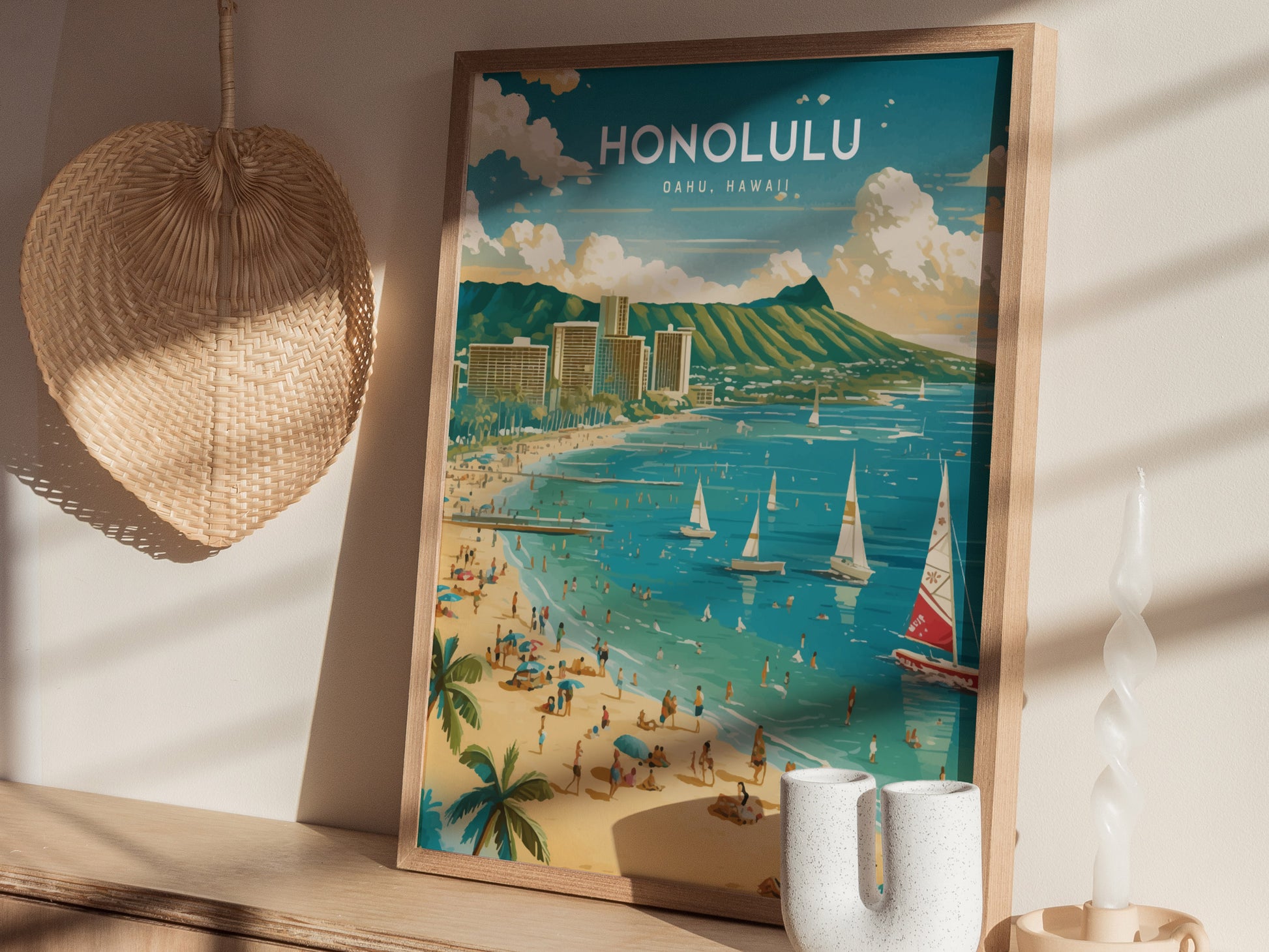 Honolulu Waikiki Poster | Diamond Head Oahu Skyline Wall Art
