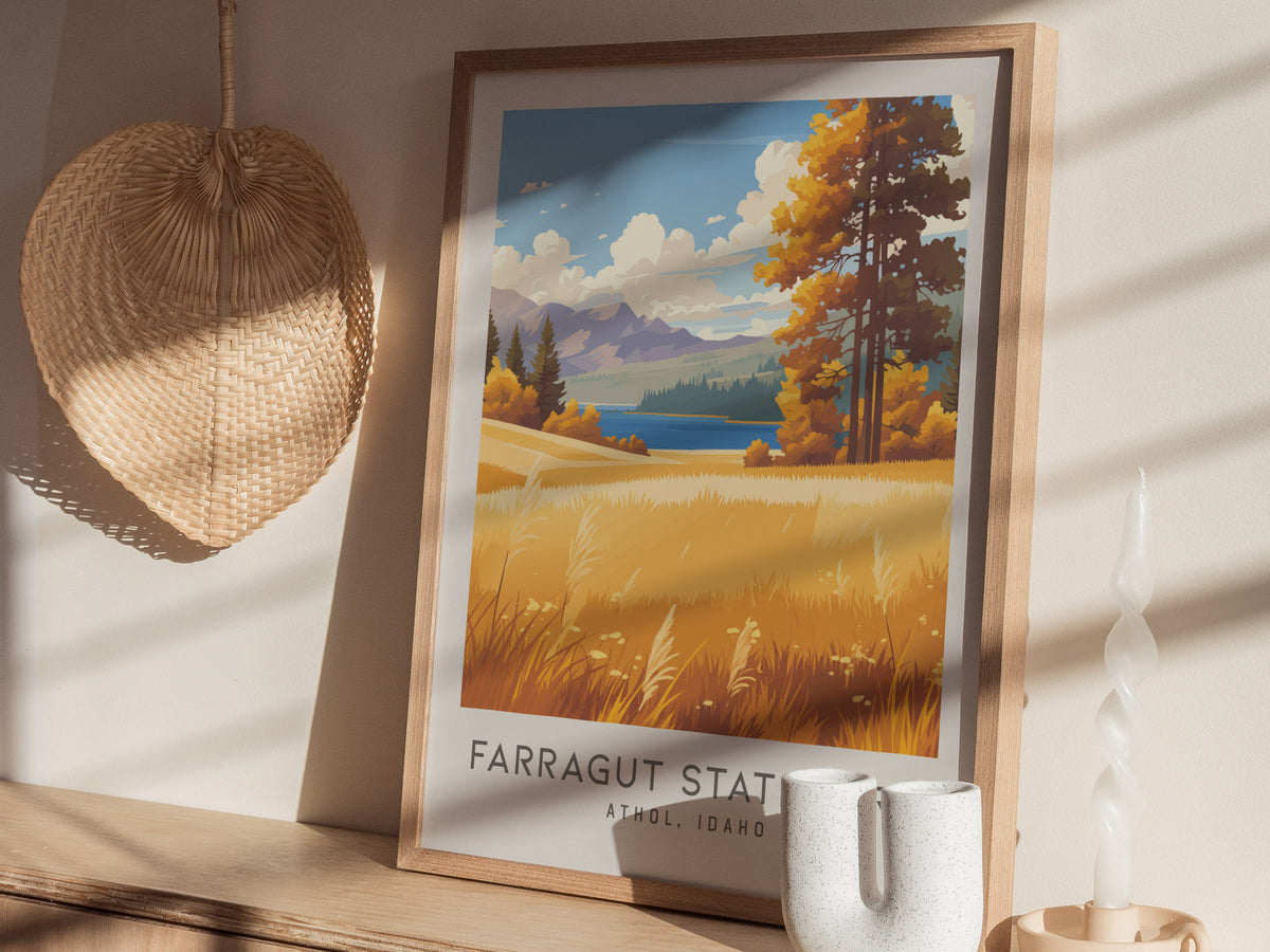 Farragut State Park Matte Border Poster | Athol, Idaho Travel Wall Art — styled in a modern interior