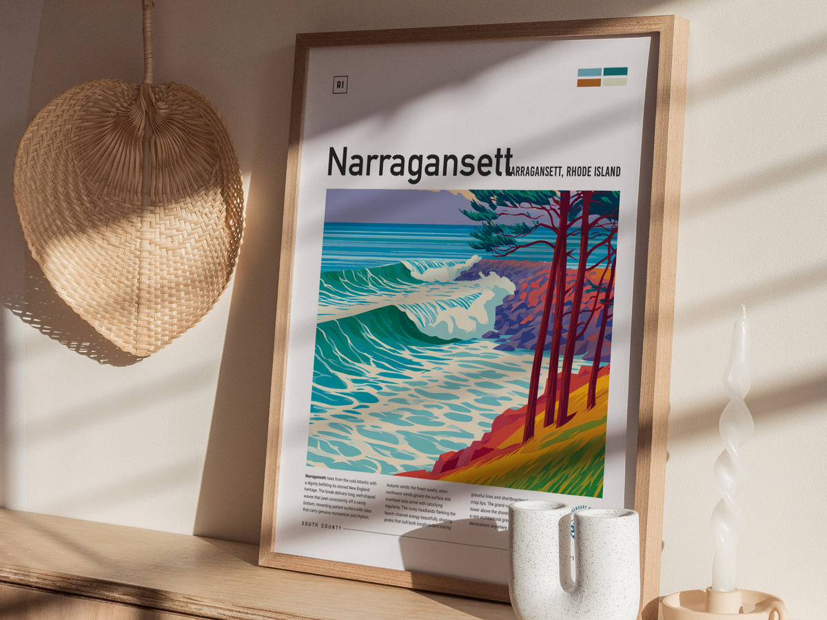 Narragansett, Rhode Island Poster | Surf Wall Art Beach House Decor — styled in a modern interior