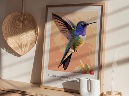 Black-chinned Hummingbird, Archilochus alexandri Poster | Jeweled Bird Wildlife Print Wall Art — styled in a modern interior