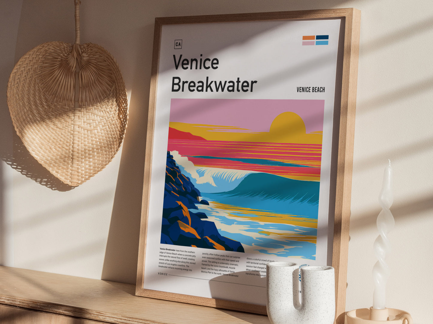 Venice Breakwater, California Poster | Surf & Stone Jetty Coastal Wall Art — styled in a modern interior