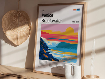 Venice Breakwater, California Poster | Surf & Stone Jetty Coastal Wall Art — styled in a modern interior