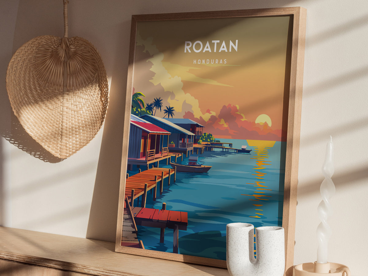 Roatan, Honduras Poster | Caribbean Island Coastal Beach Decor Wall Art — styled in a modern interior