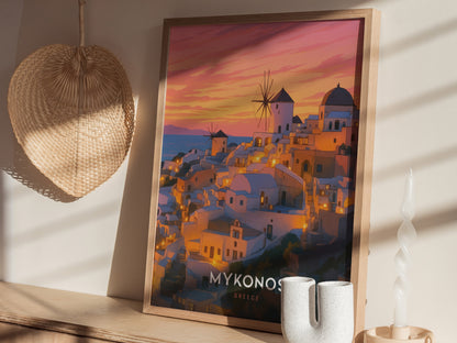 Mykonos Travel Poster | Greek Island Sunset Wall Art Print