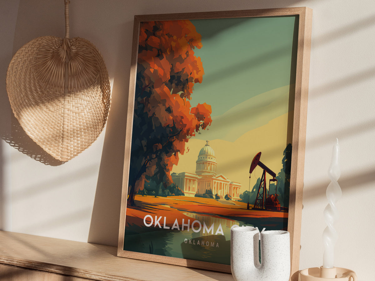 Oklahoma City, Oklahoma Poster | Bold Skyline & Prairie Charm Wall Art — styled in a modern interior