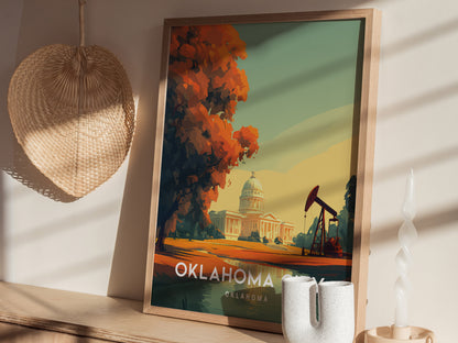Oklahoma City, Oklahoma Poster | Bold Skyline & Prairie Charm Wall Art — styled in a modern interior