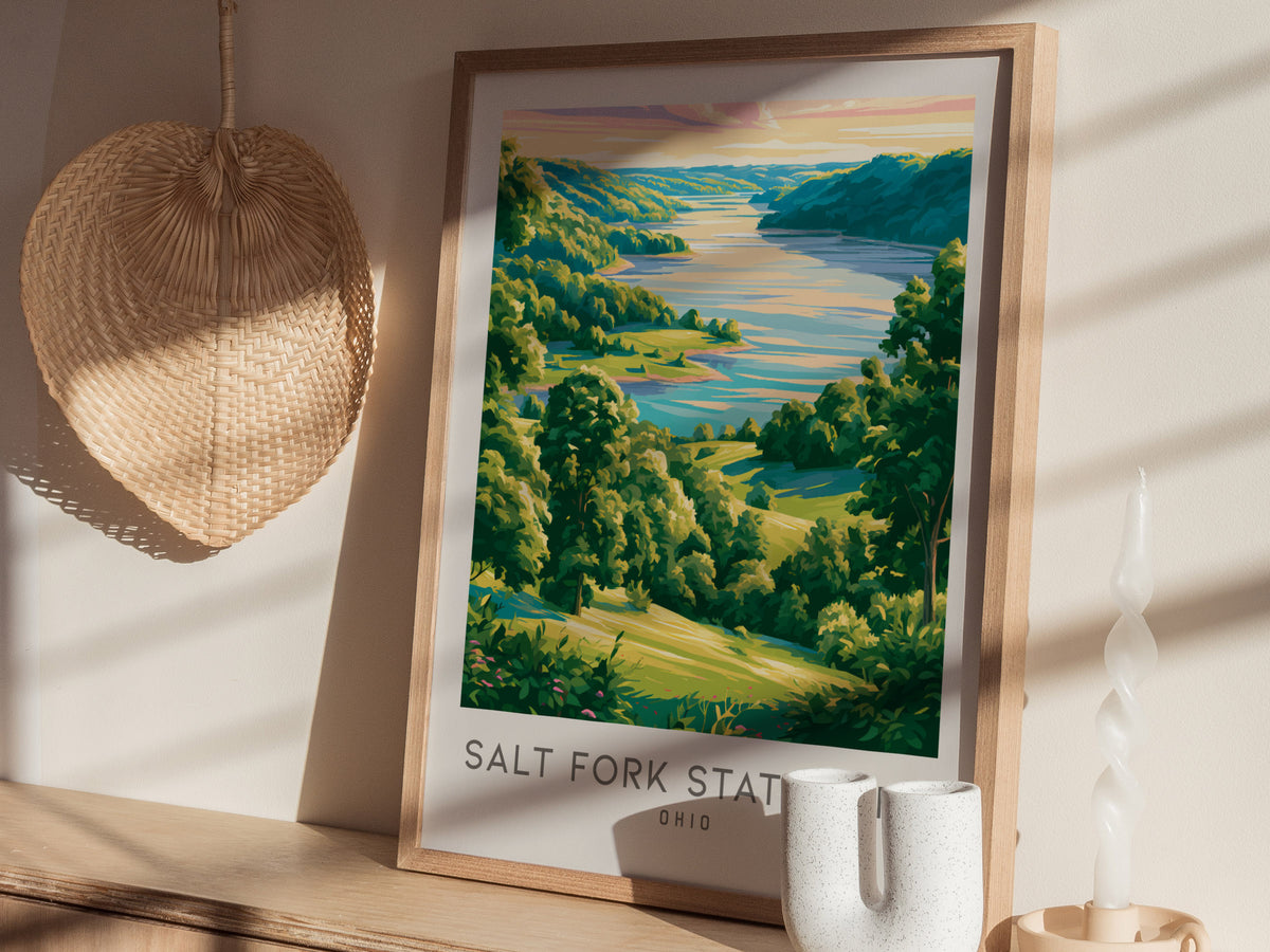 Salt Fork State Park Matte Border Poster | Ohio Destination Print Travel Wall Art — styled in a modern interior