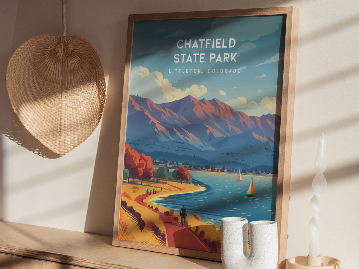 Chatfield State Park, Littleton, Colorado Poster | Mountain Lake Destination Print Wall Art — styled in a modern interior