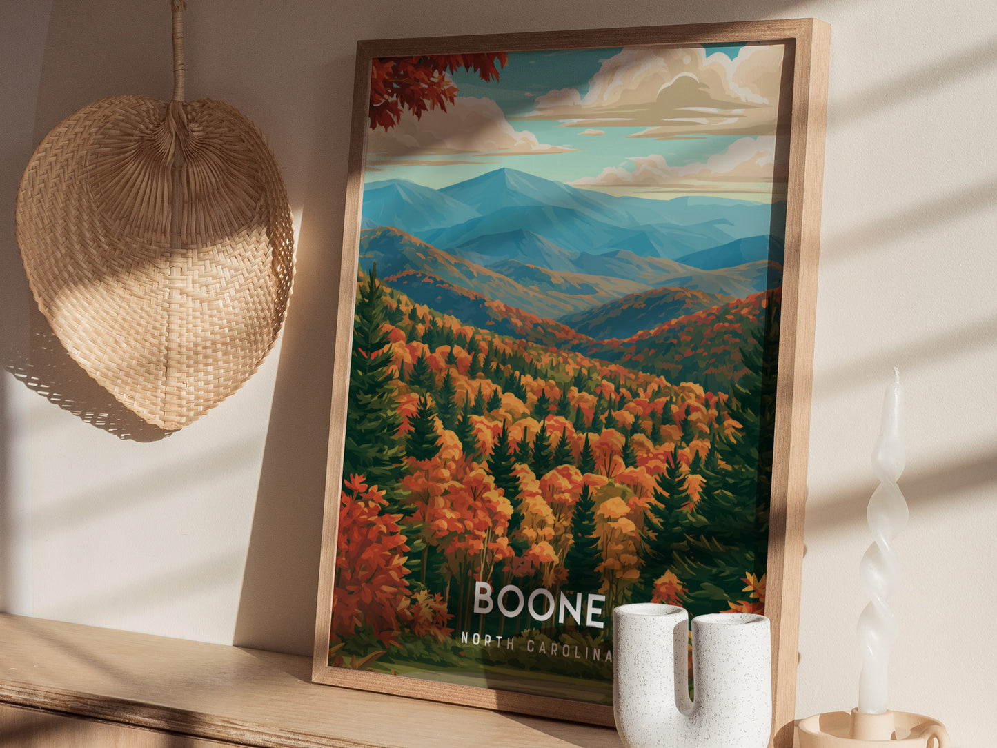 Boone, North Carolina Poster | Blue Ridge Mountain Charm Wall Art — styled in a modern interior