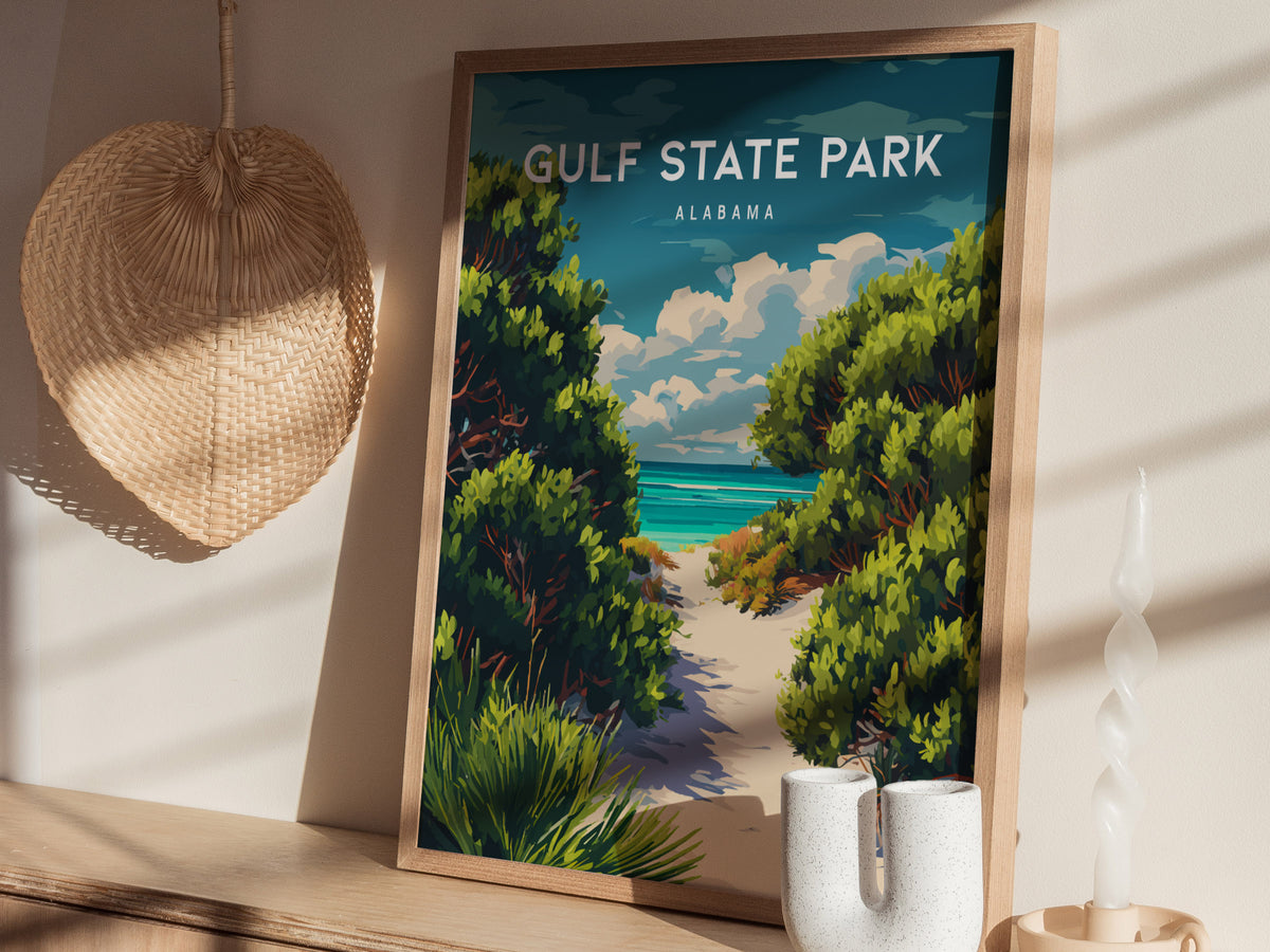 Gulf State Park, Alabama Poster | Beach House Decor Destination Print Wall Art — styled in a modern interior