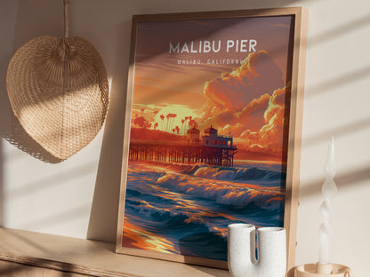 Malibu Pier, California Poster | Golden Coast Sunset Vibes Wall Art — styled in a modern interior