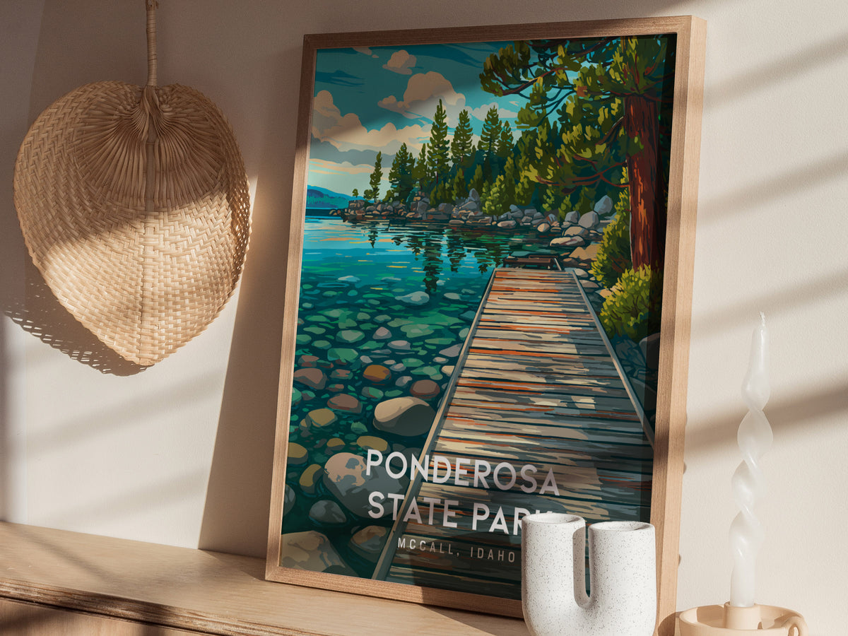 Ponderosa State Park, McCall, Idaho Poster | Mountain Lake Wilderness Framed or Unframed Wall Art — styled in a modern interi