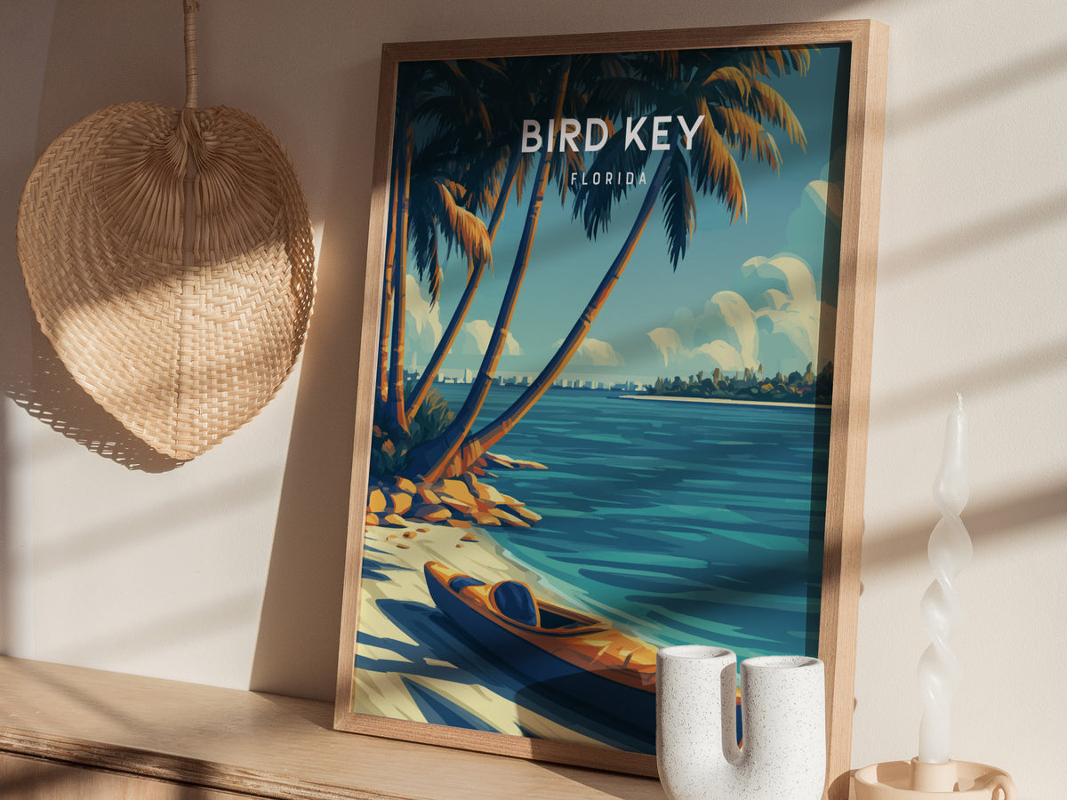 Bird Key Park, Florida Poster | Tropical Waterfront Serenity Wall Art — styled in a modern interior