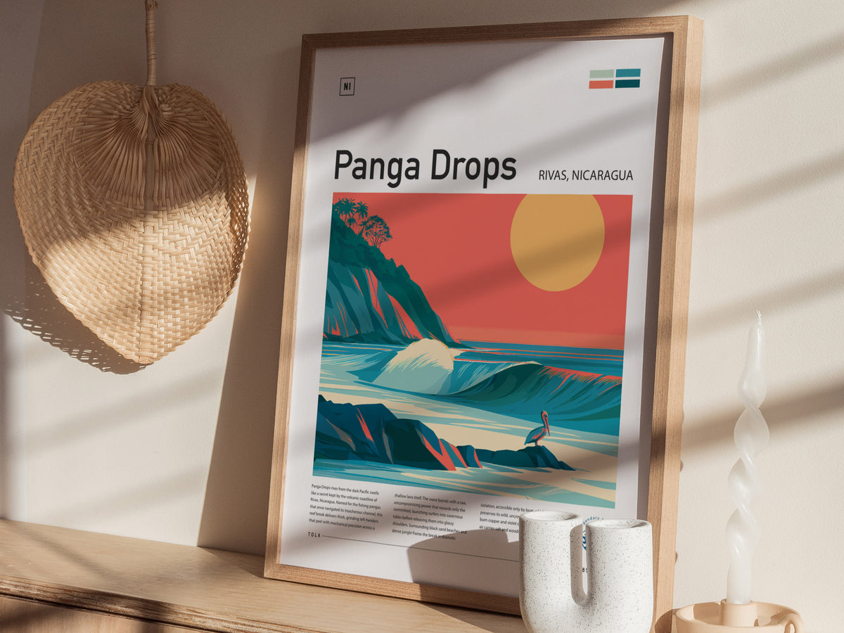 Panga Drops, Rivas, Nicaragua Poster | Tropical Surf Wall Art — styled in a modern interior