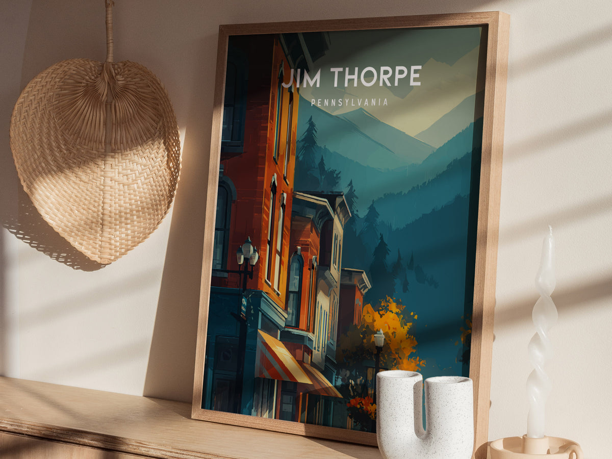 Jim Thorpe, Pennsylvania Poster | Historic Mountain Town Charm Wall Art — styled in a modern interior