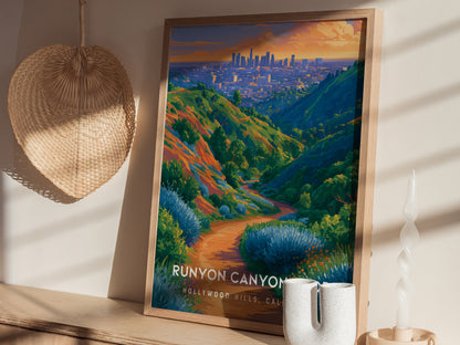Runyon Canyon Loop, Hollywood Hills, California Poster | Hiking Trail & City Skyline Wall Art — styled in a modern interior