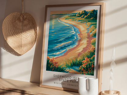 Sherwood Island State Park Matte Border Poster | Westport, Connecticut Coastal Beach Decor — styled in a modern interior