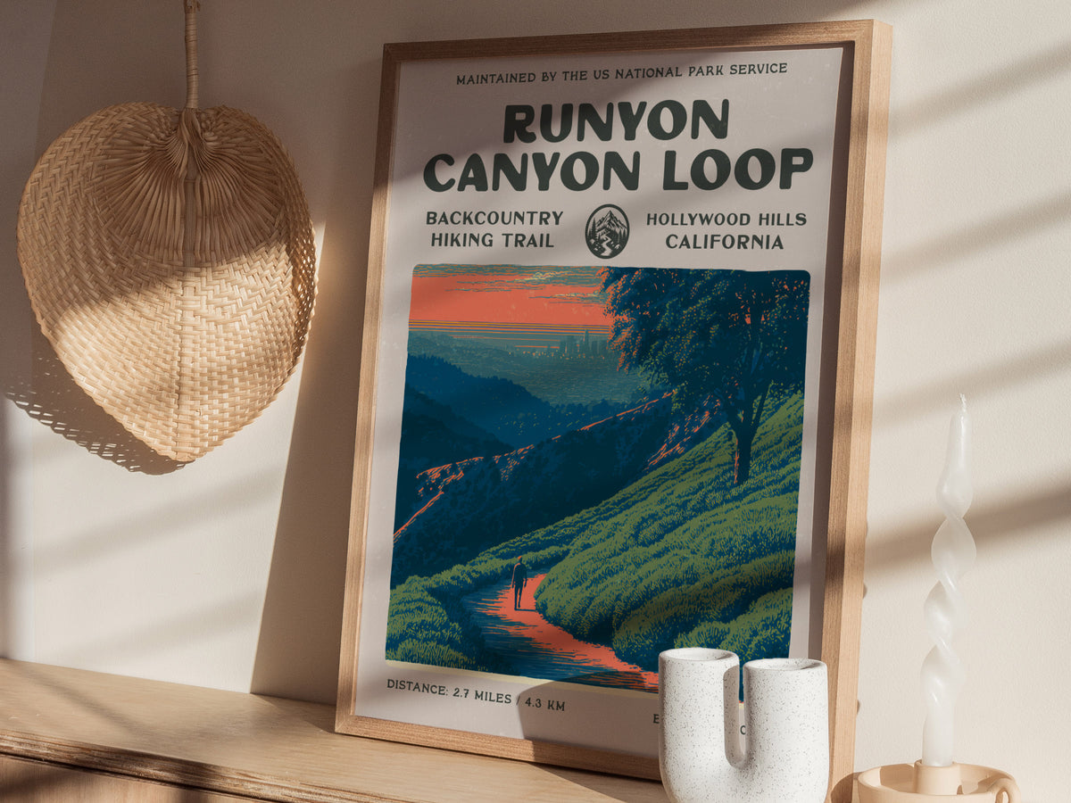 Runyon Canyon Loop, Hollywood Hills, California Poster | Hiker Gift | Bold Backcountry Block Print Wall Art — styled in a mod